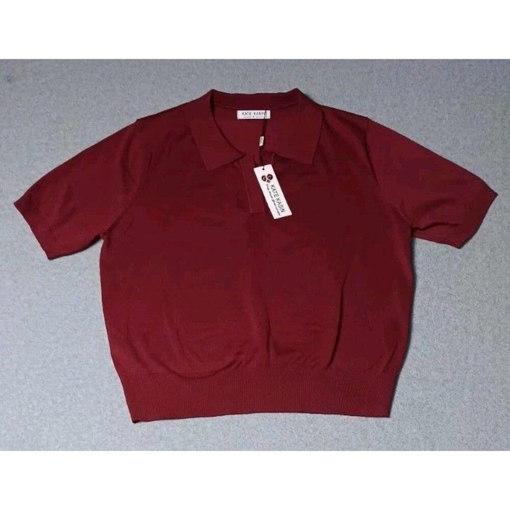 NWT! Kate Kasin Short Sleeve Knit Polo Sweater XL Red Preppy Academia Collegiate